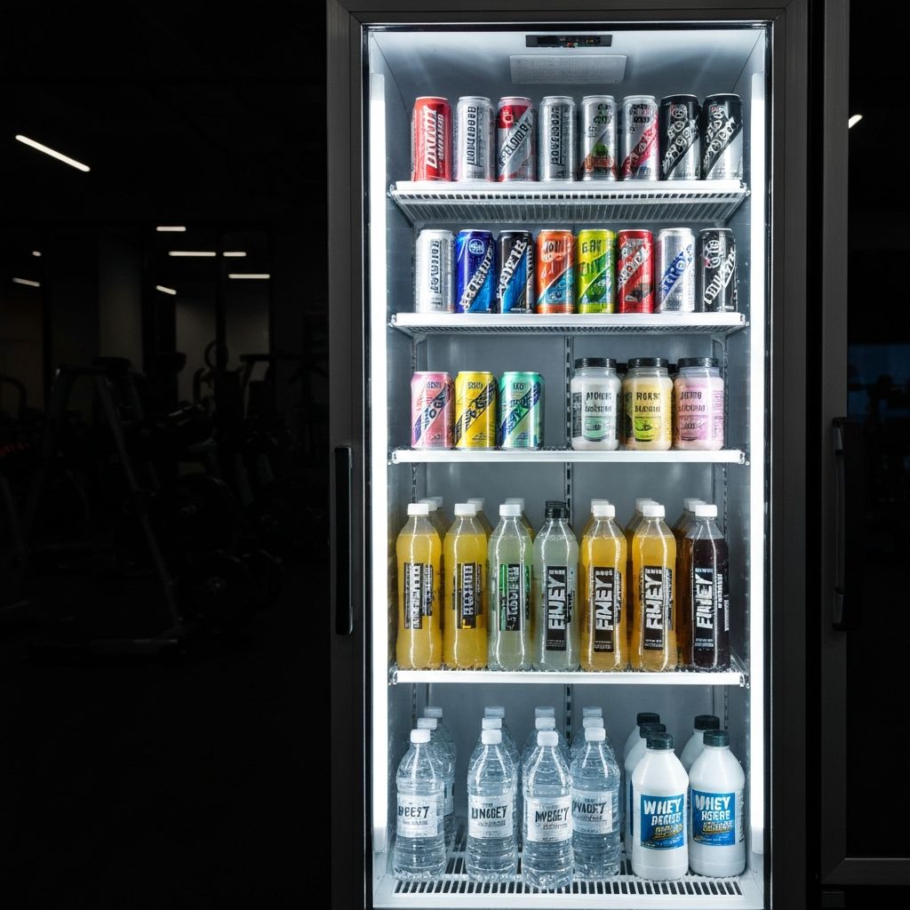 Geladeira com bebidas e suplementos